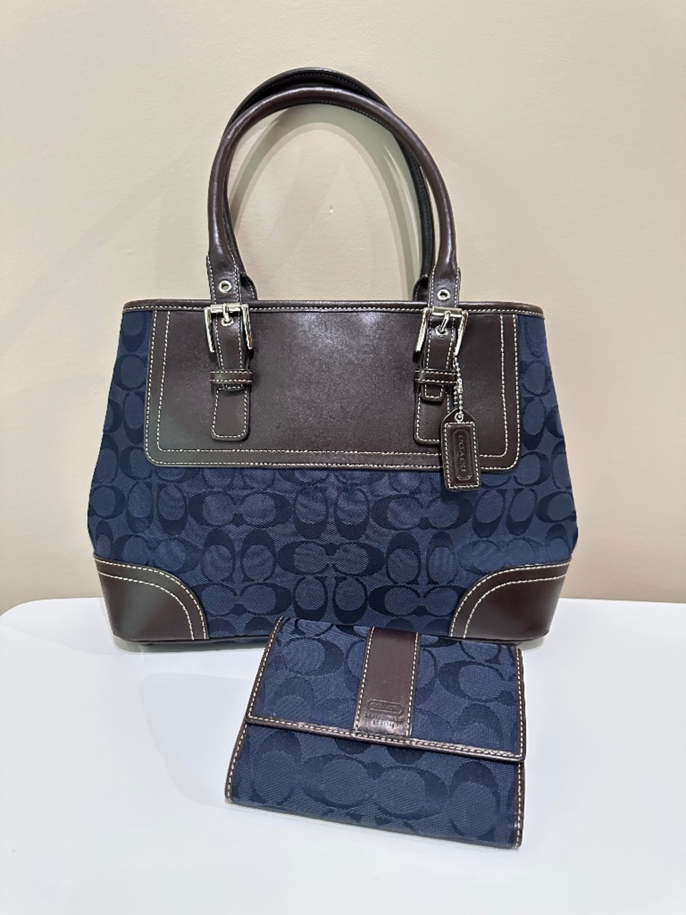 Coach Hampton Navy/Espresso Signature Jacquard Leather Shoulder Bag & Wallet Set